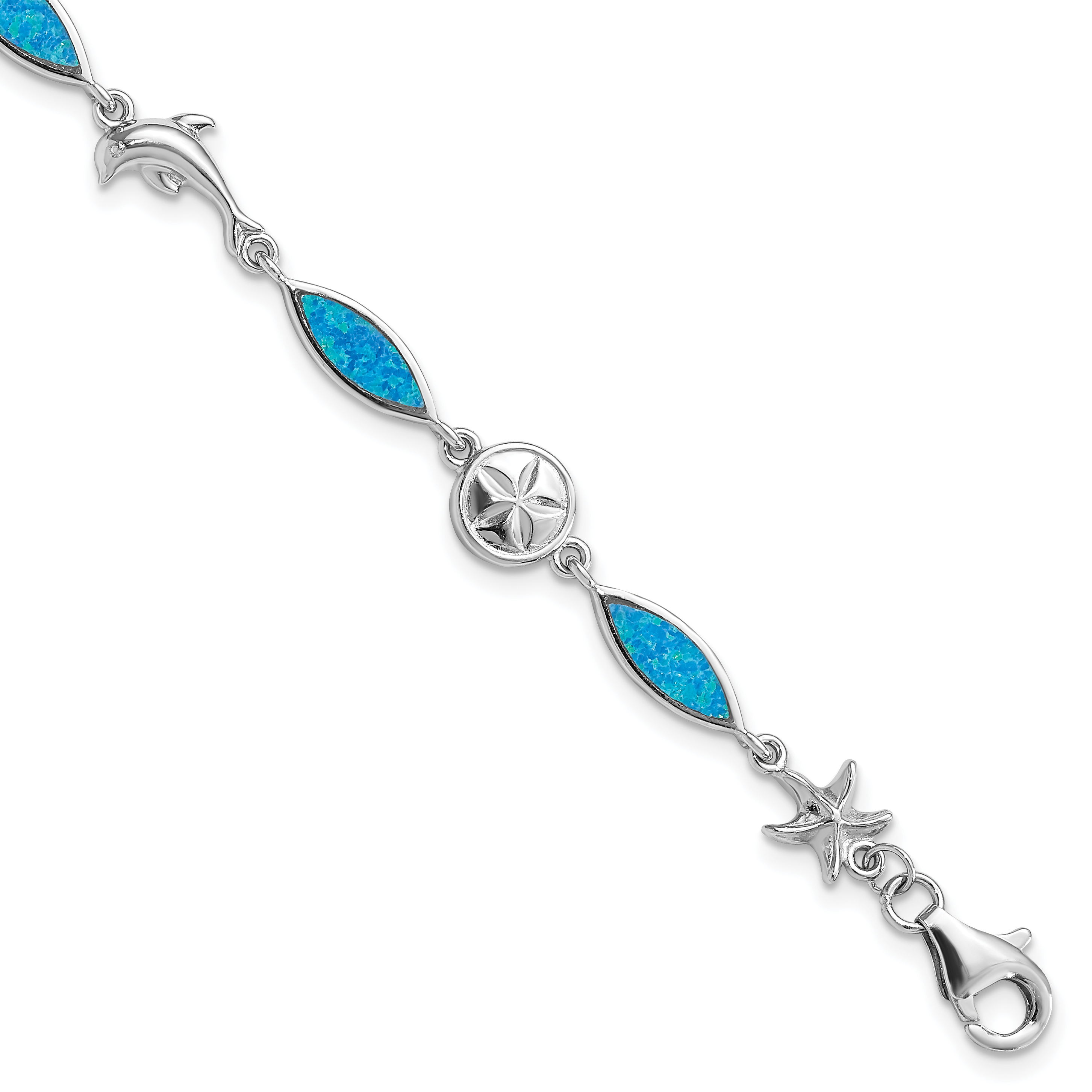 Sterling Silver Rhodium-plated Lab Created Opal Sea Life 7 inch Bracelet (QG4237-7)