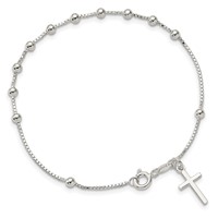 Sterling Silver Polished Beaded Box Chain Bracelet with Cross Charm, 7.25" view 4