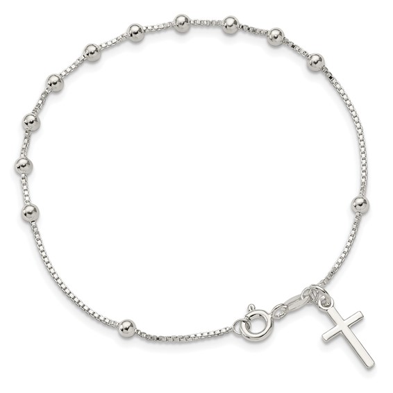 Sterling Silver Polished Beaded Cross 7.25in Bracelet