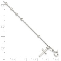 Sterling Silver Polished Beaded Box Chain Bracelet with Cross Charm, 7.25" view 3