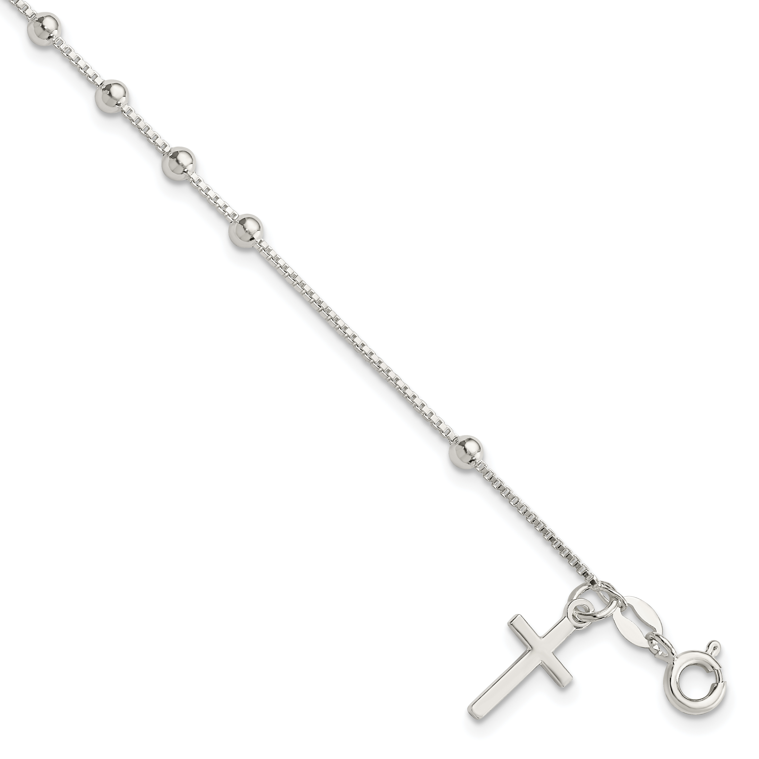 Sterling Silver Polished Beaded Cross 7.25in Bracelet (QG4249-7.25)
