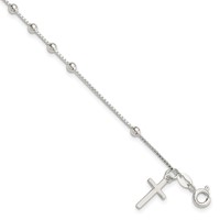 Sterling Silver Polished Beaded Box Chain Bracelet with Cross Charm, 7.25" view 1