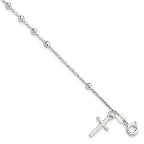 Sterling Silver Polished Beaded Cross 7.25in Bracelet