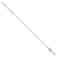 Sterling Silver Rhodium-plated Beaded Chain Bracelet with Miraculous Medal and Cross Dangle with 1 Inch Extension, 7" view 2