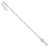 Sterling Silver Rhodium-plated Beaded Chain Bracelet with Miraculous Medal and Cross Dangle with 1 Inch Extension, 7" view 4