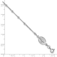 Sterling Silver Rhodium-plated Beaded Chain Bracelet with Miraculous Medal and Cross Dangle with 1 Inch Extension, 7" view 3