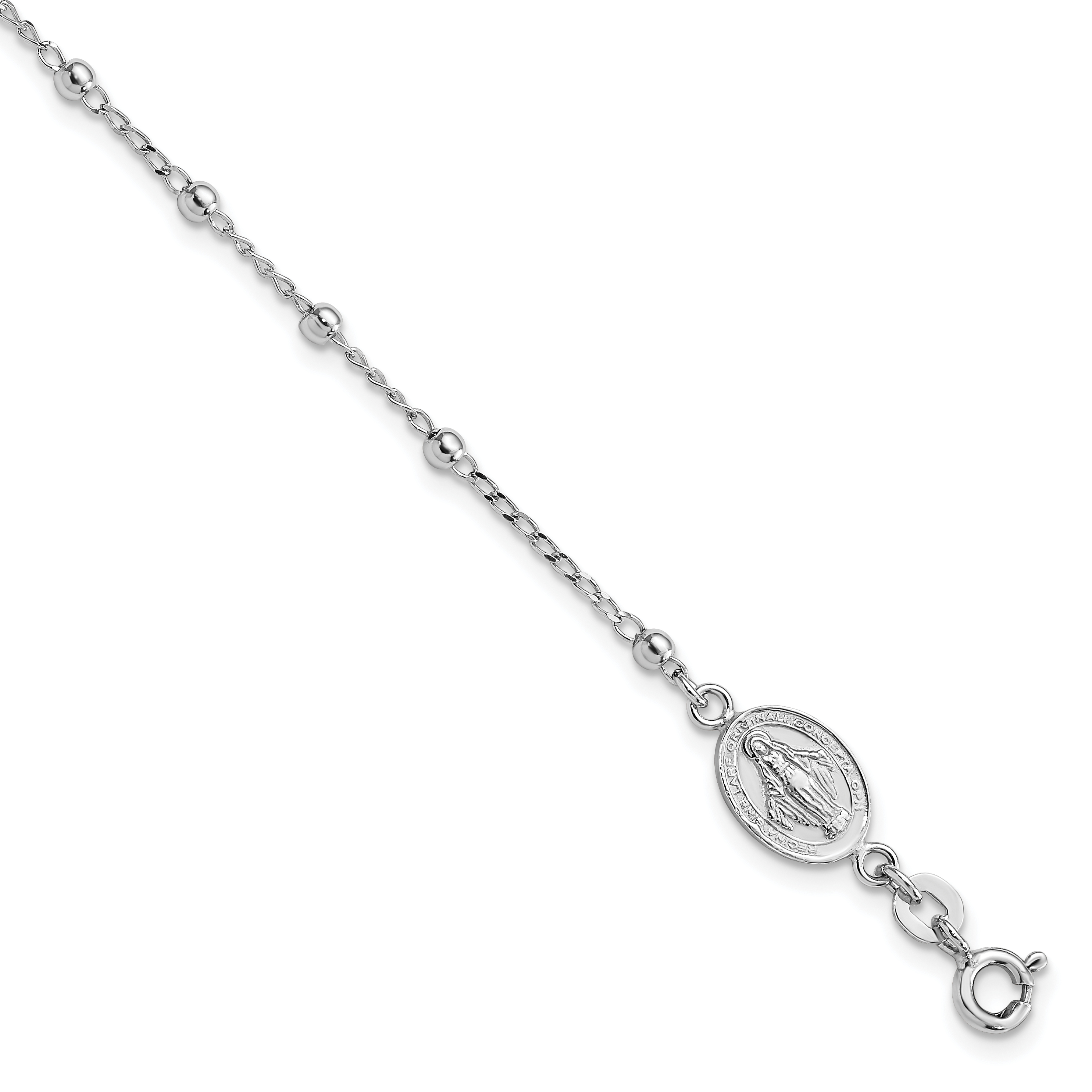Sterling Silver Rhod-pltd Miraculous Medal/Cross w/1in ext. Bracelet (QG4250-7)