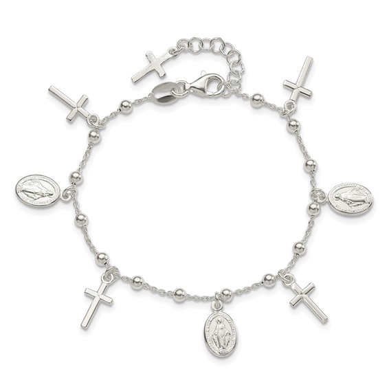 Sterling Silver Polished w/1in ext Cross Miraculous Medal Bracelet