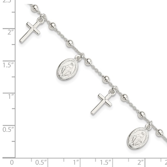 Sterling Silver Polished w/1in ext Cross Miraculous Medal Bracelet