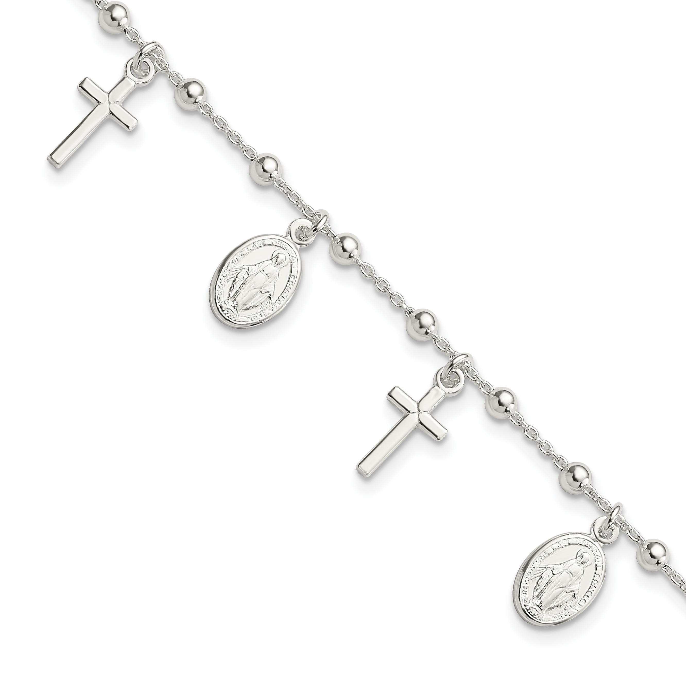 Sterling Silver Polished w/1in ext Cross Miraculous Medal Bracelet (QG4251-6.25)