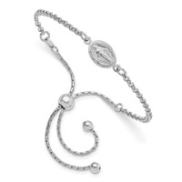 Sterling Silver Rhodium-plate Miraculous Medal to 9 Inch Adjustable Bolo Bracelet, 4" view 1