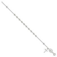 Sterling Silver Polished Cross Dangle Miraculous Medal Beads Rosary Bracelet, 7.5" view 2