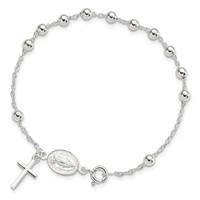 Sterling Silver Polished Cross Dangle Miraculous Medal Beads Rosary Bracelet, 7.5" view 4