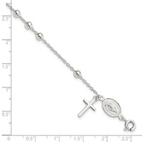 Sterling Silver Polished Cross Dangle Miraculous Medal Beads Rosary Bracelet, 7.5" view 3