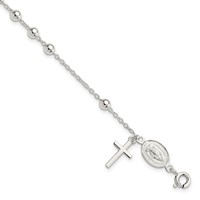 Sterling Silver Polished Cross Dangle Miraculous Medal Beads Rosary Bracelet, 7.5" view 1