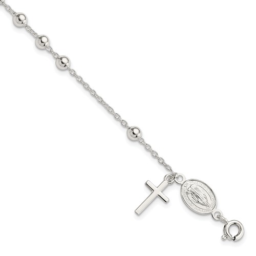 Sterling Silver Polished Cross Dangle Miraculous Medal Beads Rosary Bracelet, 7.5"