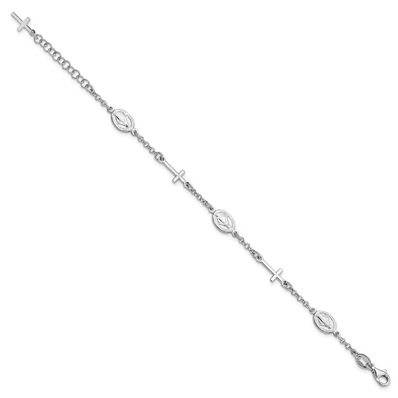 Sterling Silver RH-Plate Cross Miraculous Medal 6in w/1in ext Bracelet