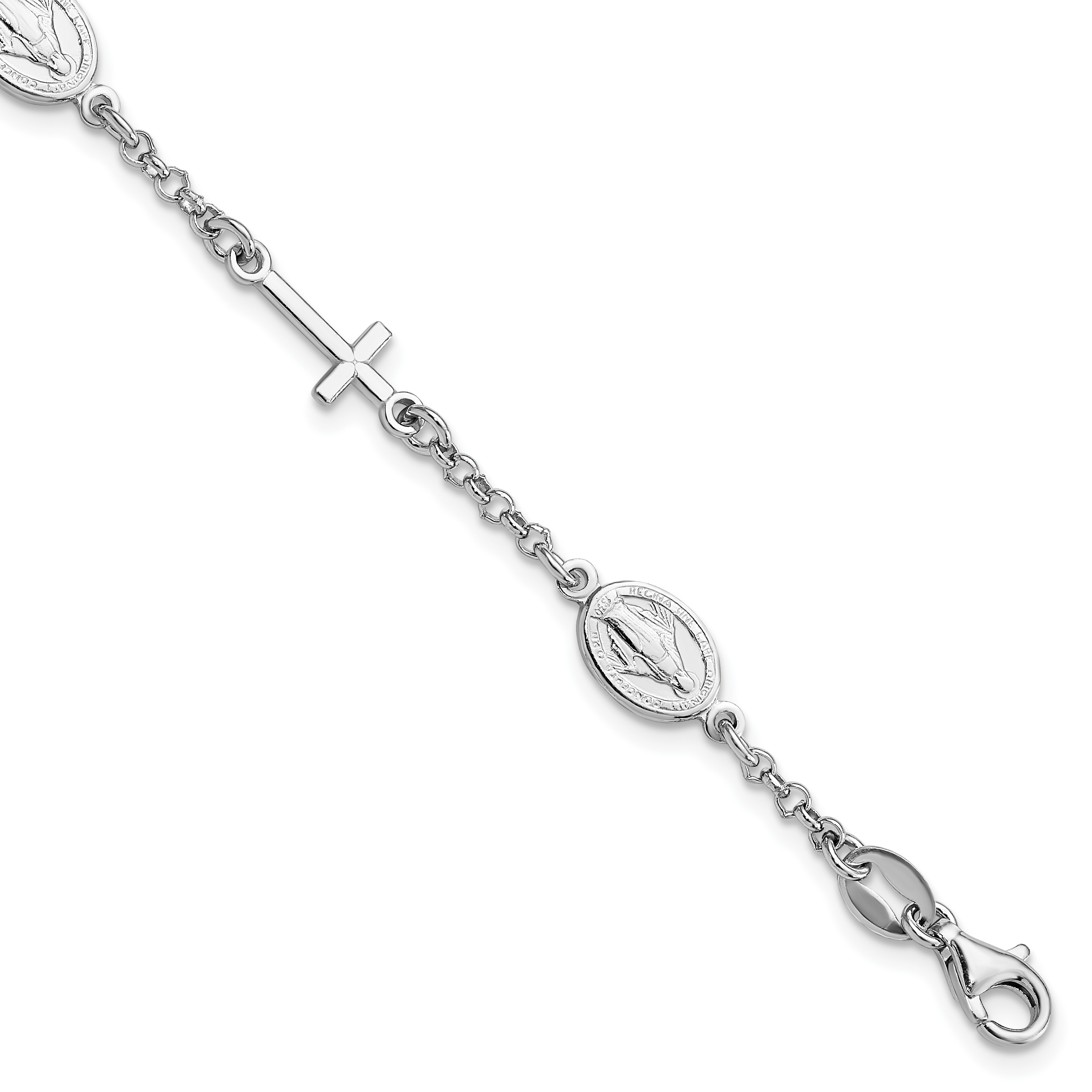 Sterling Silver RH-Plate Cross Miraculous Medal 6in w/1in ext Bracelet (QG4256-7.5)