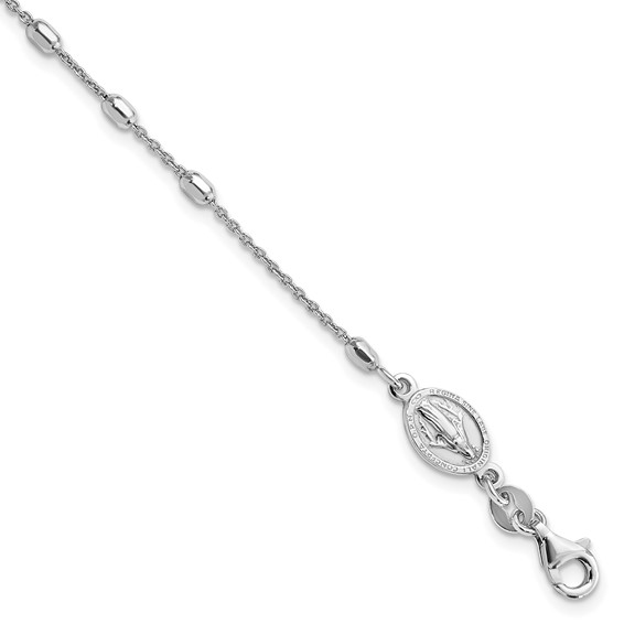 Sterling Silver Rhodium Plated Polished Beaded Cross Bracelet