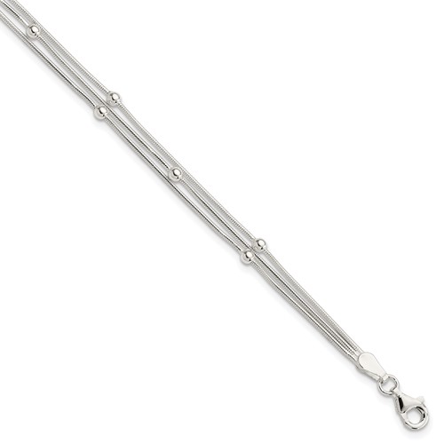 Sterling Silver Polished 3-strand Beaded Bracelet, 7.5"