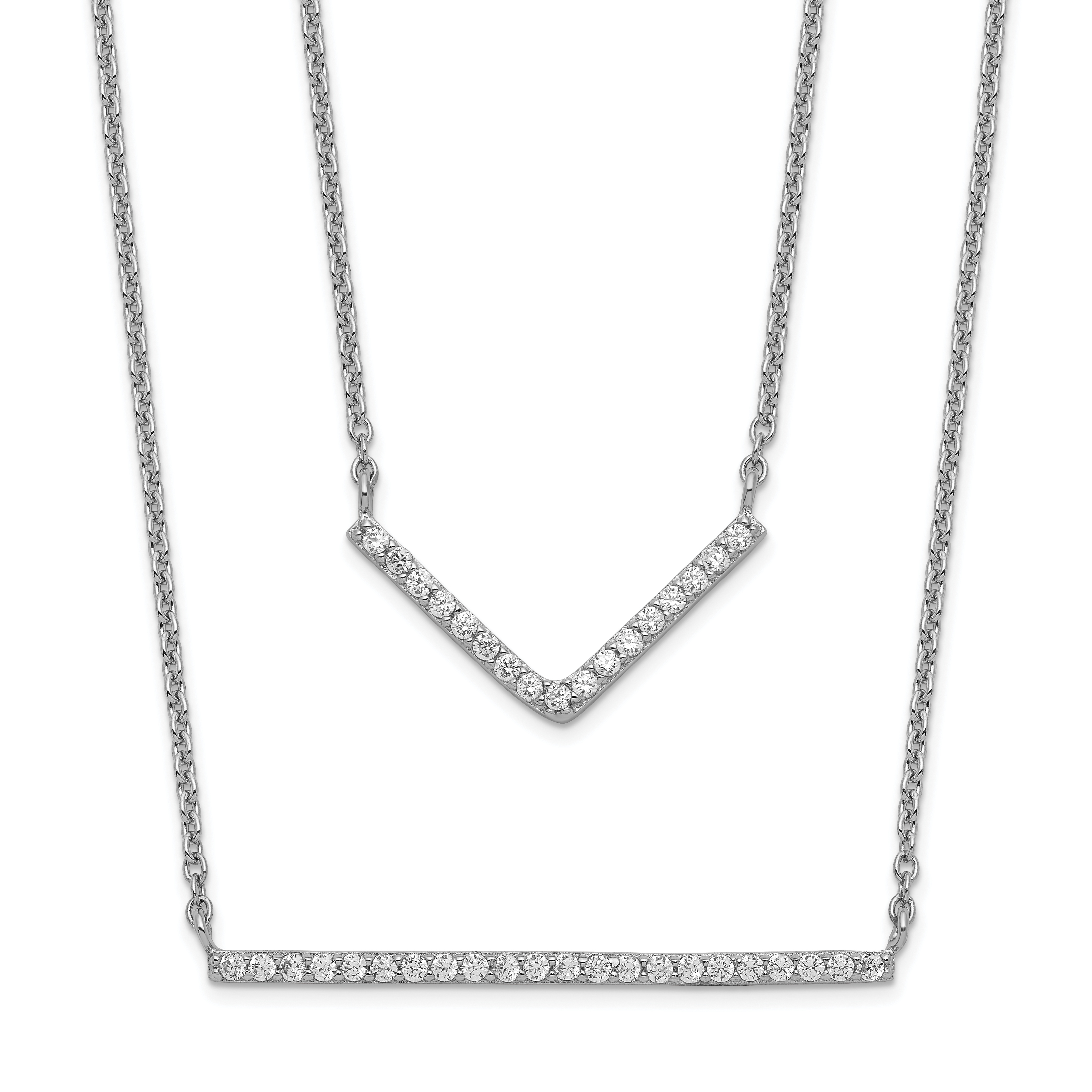 Sterling Silver Rhodium-plated CZ Double Bar Multi-Strand Necklace (QG4291-16)