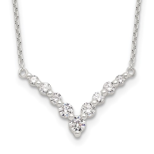 Sterling Silver Fancy-V Bar CZ Necklace, 18"