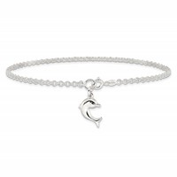 Sterling Silver Hollow Polished 3-D Dolphin Anklet, 9" view 3