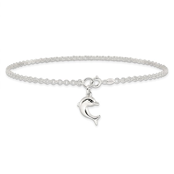 Sterling Silver 9inch Hollow Polished 3-D Dolphin Anklet