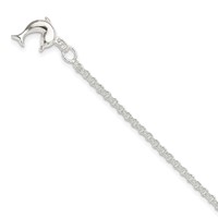 Sterling Silver Hollow Polished 3-D Dolphin Anklet, 9" view 1
