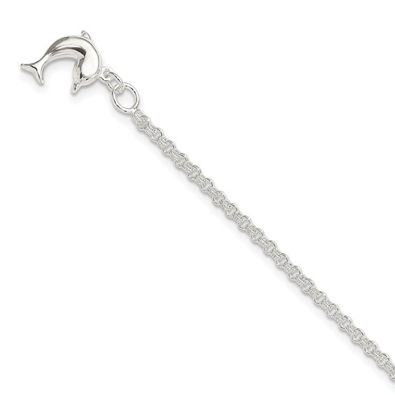 Sterling Silver 9inch Hollow Polished 3-D Dolphin Anklet