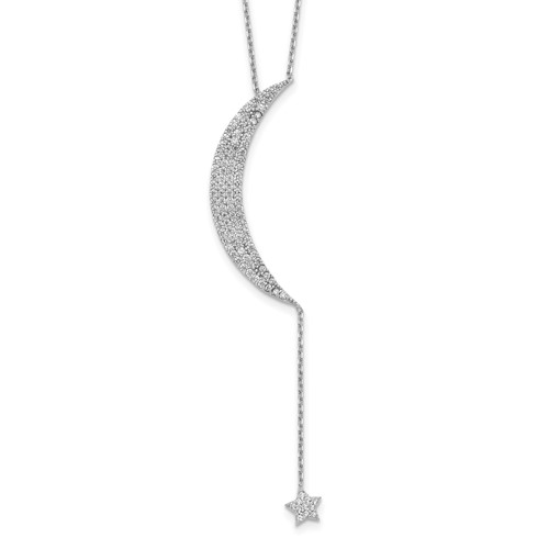 Sterling Silver Rhodium-plated CZ Moon and Star Necklace with 2 Inch Extension, 16"