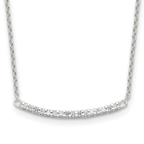 Sterling Silver Polished CZ Curved Bar Necklace, 18"