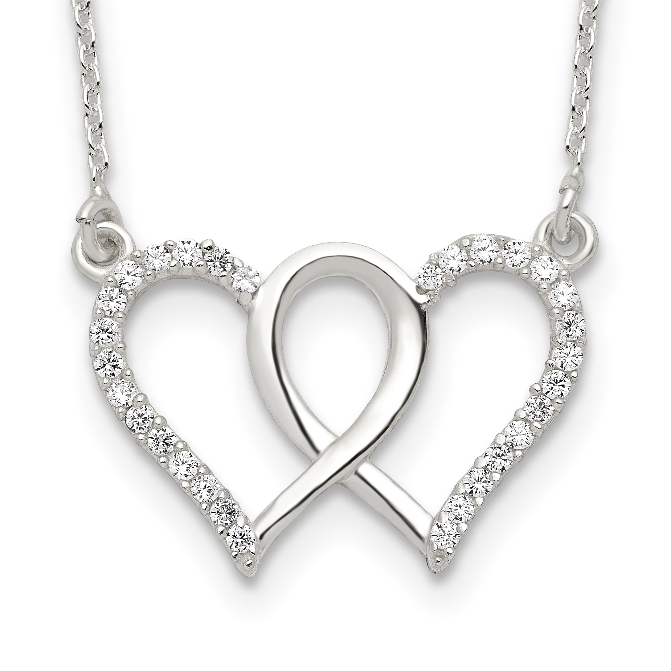Sterling Silver Polished Interconnected CZ Double Hearts 18 inch Necklace (QG4346-18)
