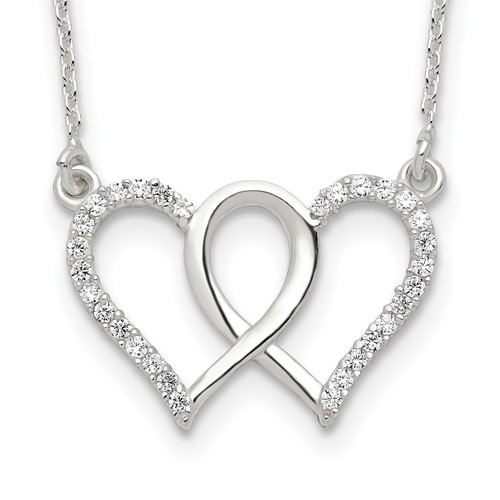 Sterling Silver Polished Interconnected CZ Double Hearts Necklace, 18"