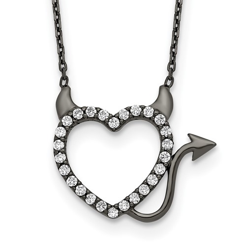 Sterling Silver Black Ruthenium Plated CZ Devil Heart Necklace, 16"