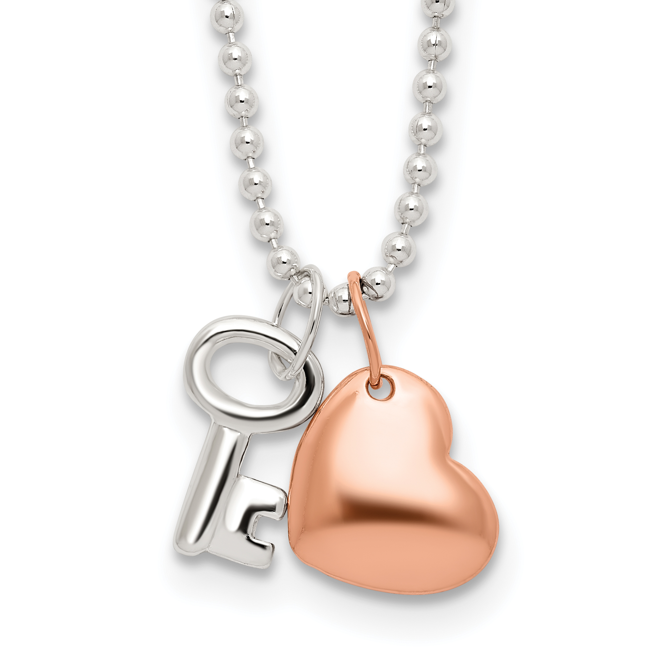 Sterling Silver Rose-tone Heart and Key 19 inch Necklace (QG4351-19)
