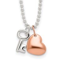 Sterling Silver Rose-tone Heart and Key Necklace, 19" view 1