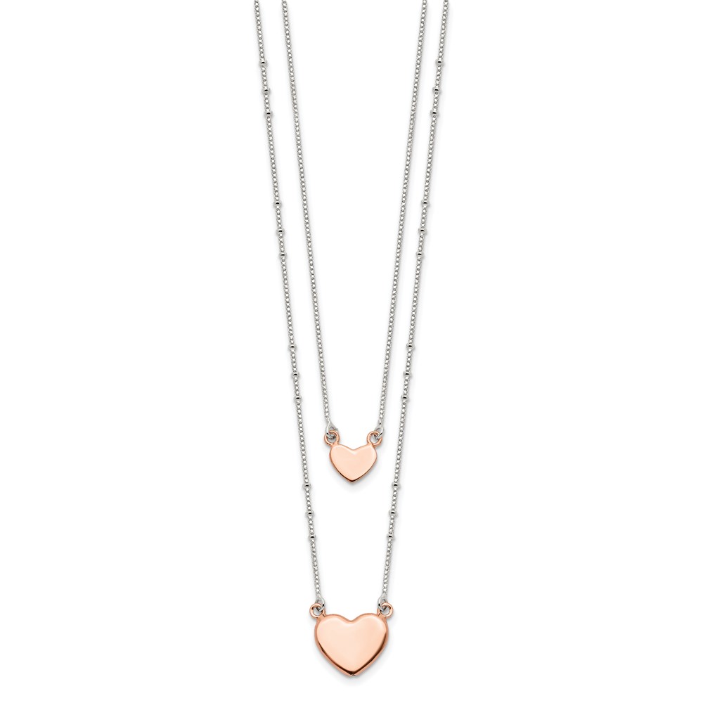 Sterling Silver Rose-tone 2-Strand Heart Dangle Necklace (QG4366-18)