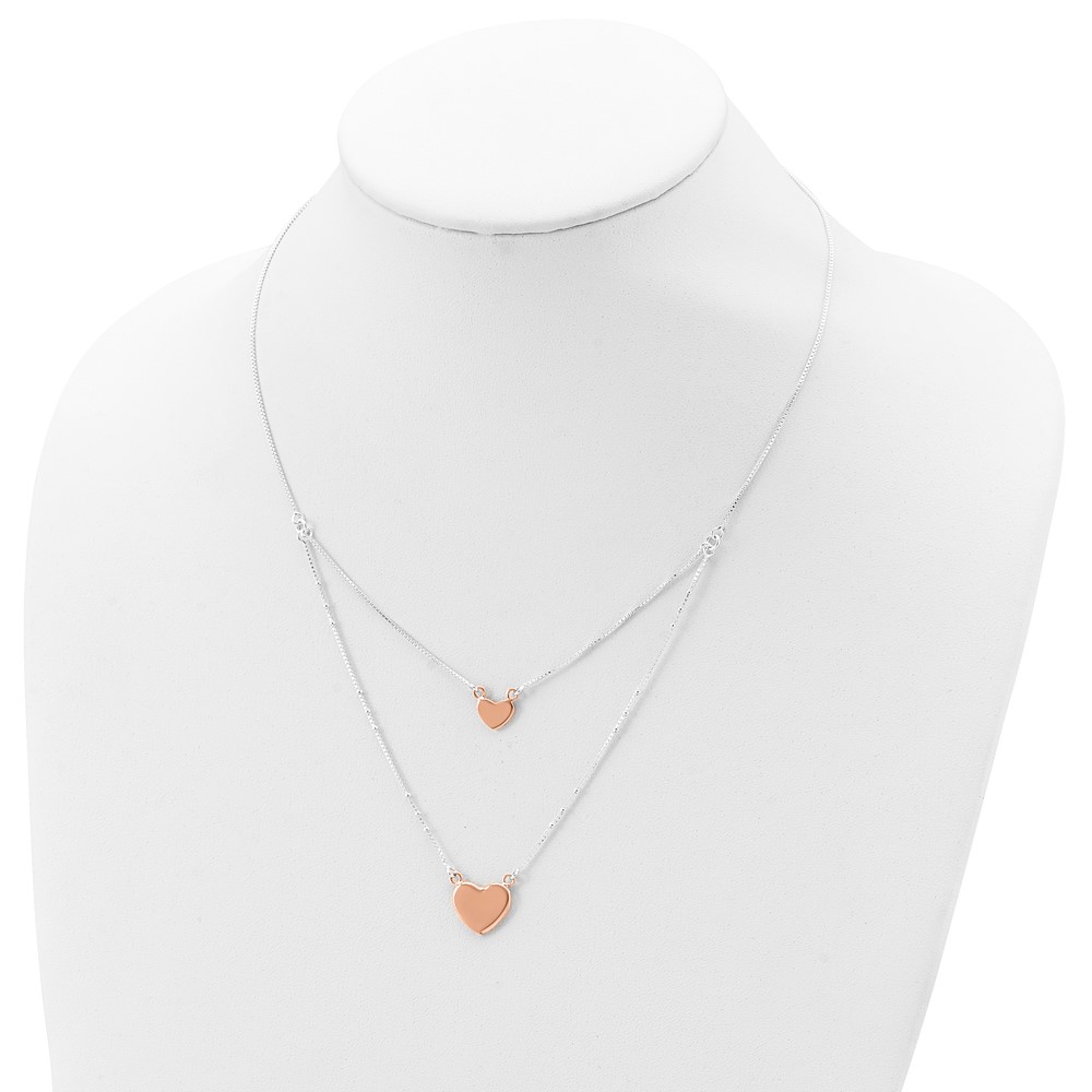 Sterling Silver Rose-tone 2-Strand Heart Dangle Necklace (QG4366-18)