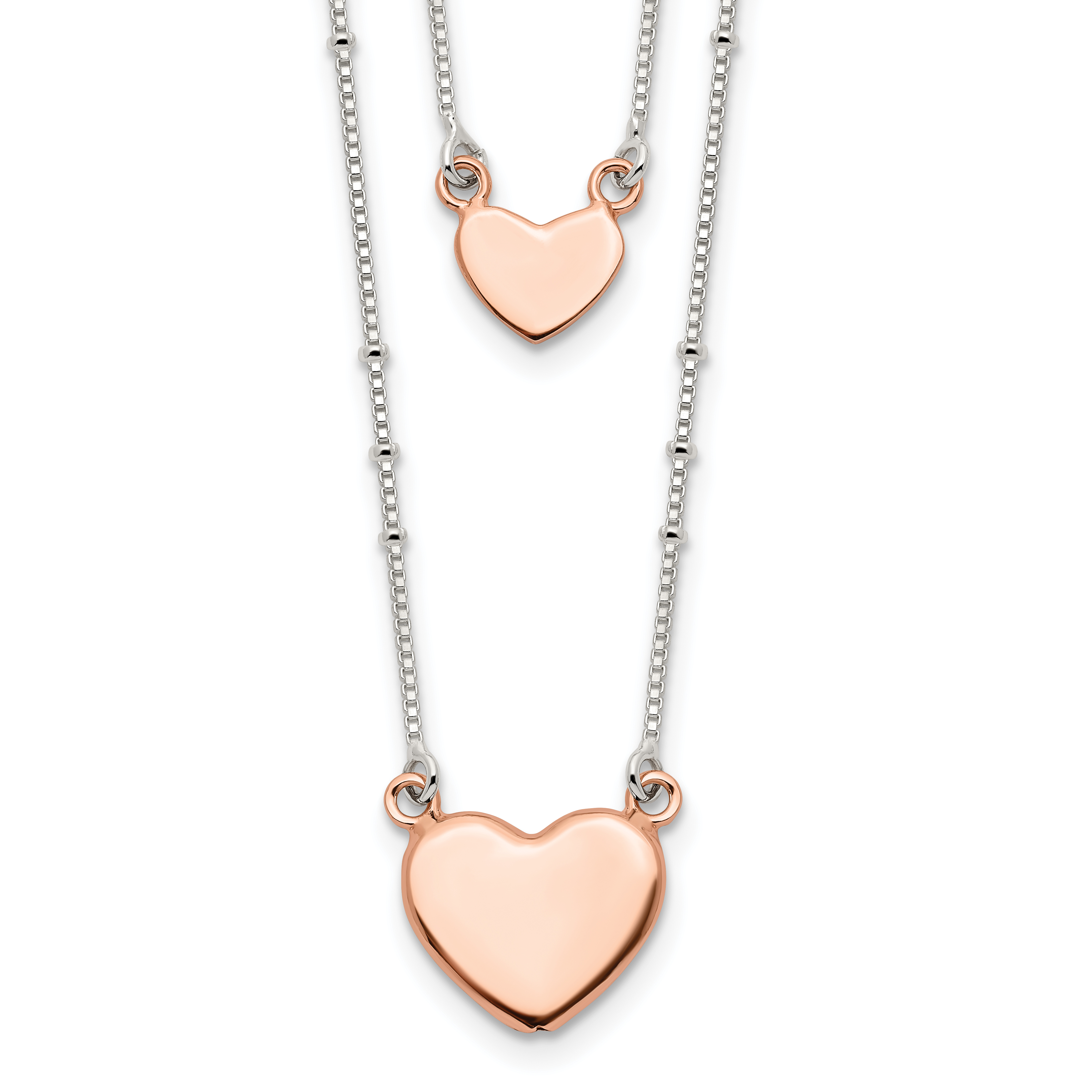 Sterling Silver Rose-tone 2-Strand Heart Dangle Necklace (QG4366-18)