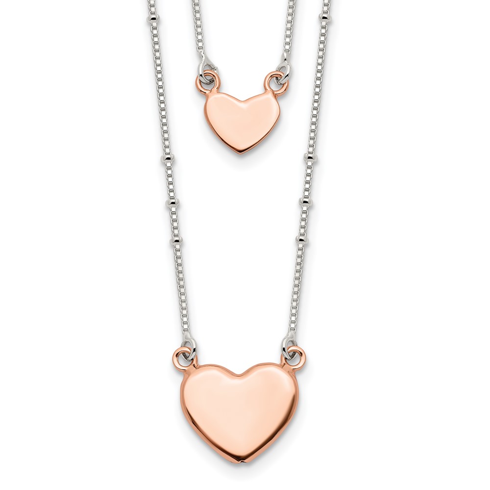 Sterling Silver Rose-tone 2-Strand Heart Dangle Necklace (QG4366-18)