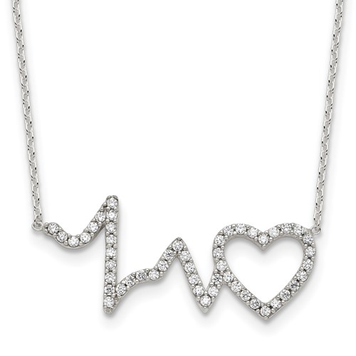 Sterling Silver Polished CZ Heartbeat Necklace, 18"