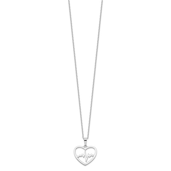 Sterling Silver Rhodium-plated Heartbeat in Heart 16in w/2in Ext Necklace