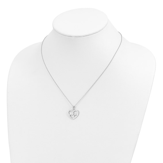 Sterling Silver Rhodium-plated Heartbeat in Heart 16in w/2in Ext Necklace