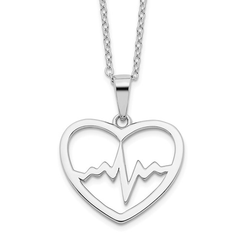 Sterling Silver Rhodium-plated Heartbeat in Heart Necklace with 2 Inch Extension, 16"