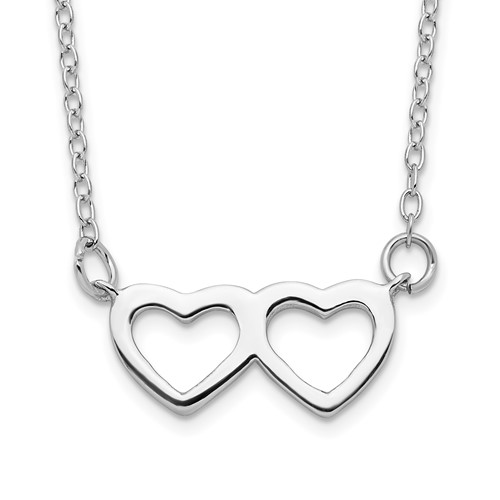 Sterling Silver Rhodium-plated Polished Double Linked Heart Necklace with 2 Inch Extension, 16"