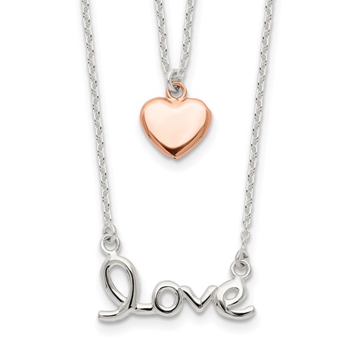 Sterling Silver Rose-tone Love and Heart Double Strand Necklace, 18"