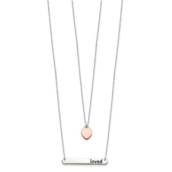 Sterling Silver Rose-tone Heart Enameled LOVED 16in Bar Necklace