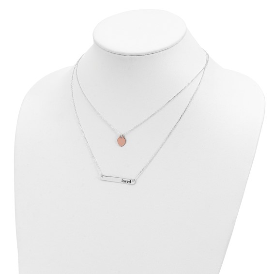 Sterling Silver Rose-tone Heart Enameled LOVED 16in Bar Necklace