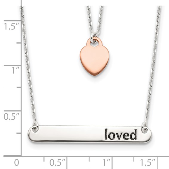 Sterling Silver Rose-tone Heart Enameled LOVED 16in Bar Necklace